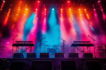 concert stage on rock festival, music instruments silhouettes, colorful background with copy space