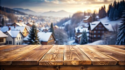 Fototapeta premium Wooden Tabletop with Blurred Snowy Mountain Village Background.