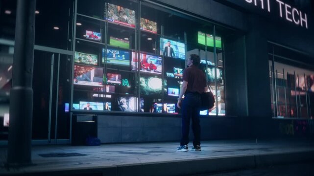 Young Man Walking Alone with a Smartphone in Front of an Electronics Store on a Wet Sidewalk and Stops to Watch a Broadcast on a Storefront Television Display. Channel Show Daily News Programs