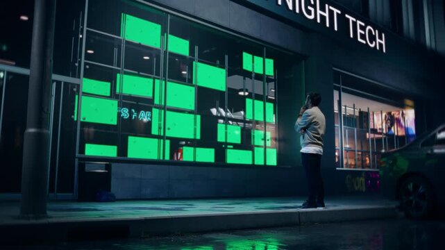 Man Standing Alone in Front of an Electronics Store on a Wet Sidewalk and Looking at Multiple TV and Computer Displays with Green Screen Template. Night Scene with Monitors Showing Chromakey Mock Ups