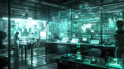 Futuristic Control Room with Data Visualization and  Global Network