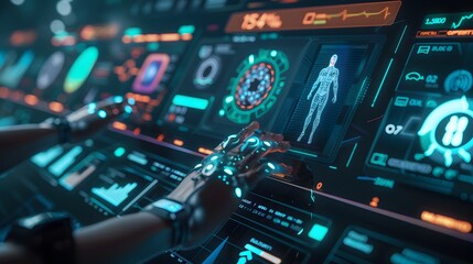 Naklejka premium Futuristic User Interface with Robotic Hands Interacting with Digital Data