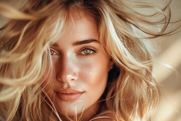 Fototapeta premium Beautiful blonde woman with long healthy hair flowing in the wind, enjoying the sun