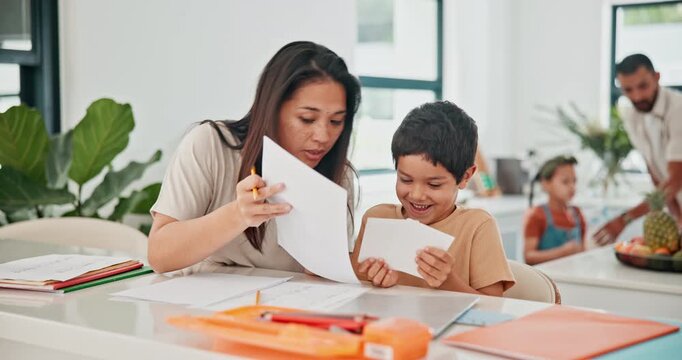 Mother, child and homework with stress teaching for adhd distraction or overwhelmed laugh, discipline or school. Parents, siblings and paperwork project or autism concentration, pressure or behavior