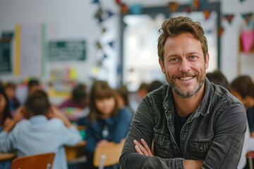 Obraz premium Smiling male teacher with arms crossed in a classroom full of attentive young students. Education, classroom environment, teaching, learning, elementary school, children's education, mentorship.