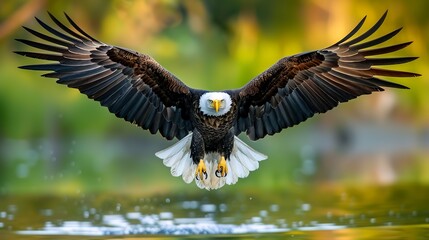 Fototapeta premium Majestic bald eagle soaring over water with wings spread wide against a beautifully contrasting backdrop. 