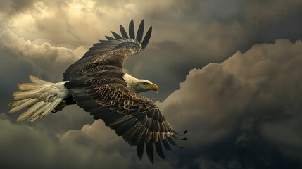 Obraz premium A bald eagle in flight against a backdrop of storm clouds. List of Art Media Minimalist realistic 
