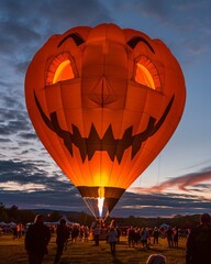 Obraz premium Glowing Jack-O'-Lantern Hot Air Balloon Illuminating the Dusk Sky at the Great Falls Balloon Festival