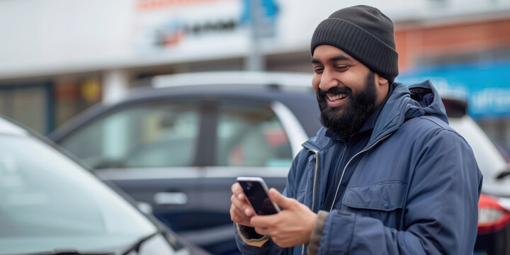 A smiling Uk sikh man using a smartphone to purchase a car outside a showroom