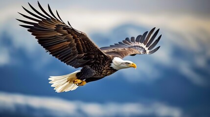 Obraz premium a majestic bald eagle flying on blue sky background 