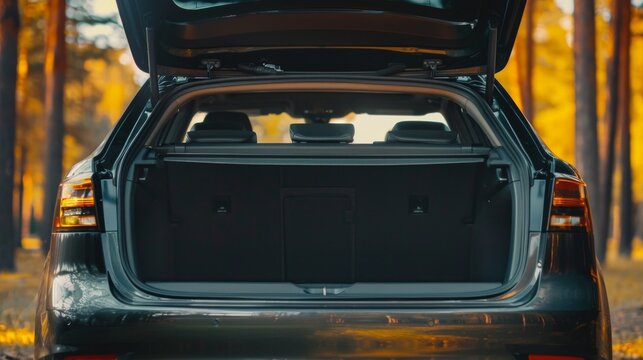 Open clean trunk of car back view, Rear view car with open trunk, headlight, bumper