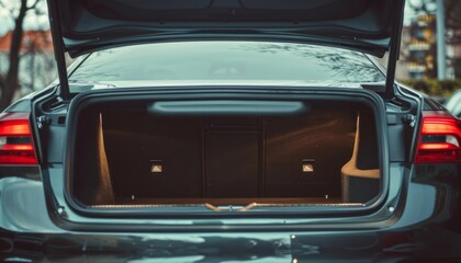 Open clean trunk of car back view, Rear view car with open trunk, headlight, bumper