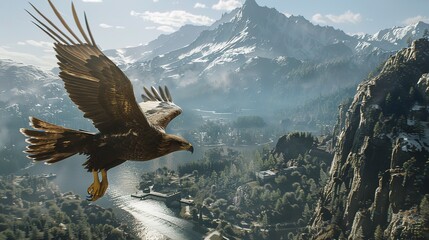Fototapeta premium Shot of an eagle gliding effortlessly over a mountain lake 