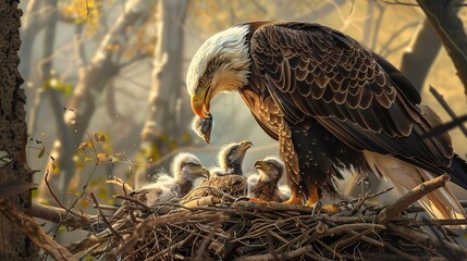 Bald eagle parent feeding eaglets in the nest. Illustration of nurturing instincts and family unity 