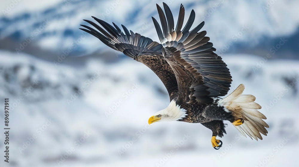 Poster American bald eagle flying with American flag, patriotic symbol 