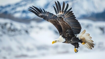 American bald eagle flying with American flag, patriotic symbol 