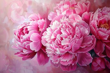 Fototapeta premium Beautiful pink peonies blooming on abstract background, spring flowers illustration