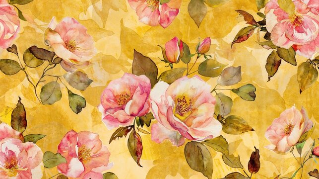 Retro Flower Illustration Wallpaper. Watercolour Blooms Background.