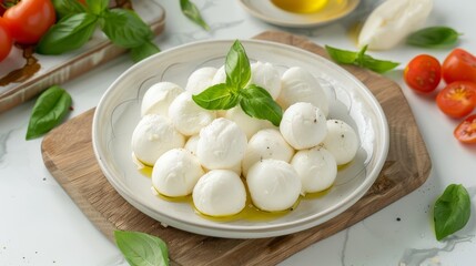 Fresh Mozzarella Balls with Basil on Wooden Board for Gourmet Cooking and Recipe Design