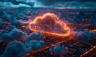 Cityscape Cloud Computing Network at Night - Virtualization and Data Transfer Across Globe with Glowing Digital Technology Infrastructure