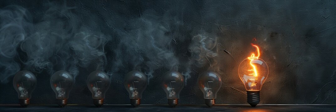 Light bulbs row, burning lamps, smoking, short circuit, power surge with copy space for text