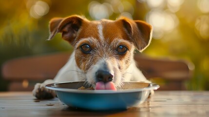 hungry jack russell dog behind food bowl and licking with tongue