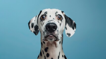 Studio portrait of a dalmatian dog with a surprised face isolated on blue background 