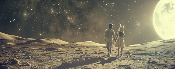 Children holding hands on moon's surface, gazing at stars and large moon in night sky. Fantasy, exploration, wonder, cosmic scenery.