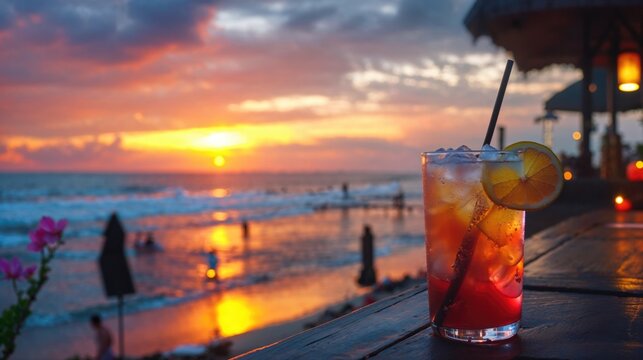 Colorful Cocktail at Sunset on Beachfront Deck - Powered by Adobe
