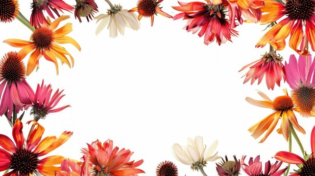 AI-generated, colorful floral frame with vibrant flowers surrounding a white background. Decorative design for invitations, greeting cards, and creative projects. Artistic and bright style. AI