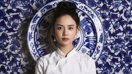 A portrait of an asian woman in an oriental setting.  She is wearing a blue and white dress matching a porcelain background that complements the outfit. 