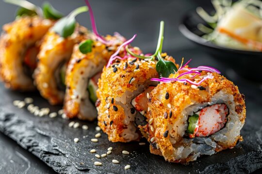 Crispy Ebi Tempura Maki Sushi Rolls, Deep Fried Uramaki Roll Set with Cream Cheese, King Prawns