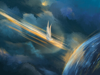 Angel of Revelation 14, giving the judgment message to warn the world. Bible prophecy illustration.