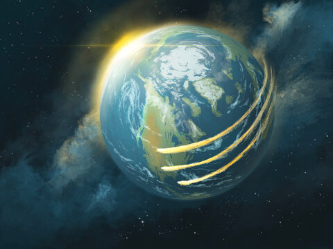 Three Angels of Revelation 14 encircling the earth, giving the judgment messages to warn the world. Bible prophecy illustration.