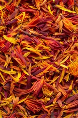 Fototapeta premium Saffron texture background, crocus sativus flowers pattern, dry herbal petals banner, aromatic herbs