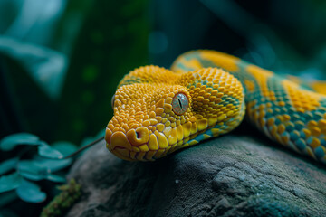 Fototapeta premium a yellow snake laying on top of a rock