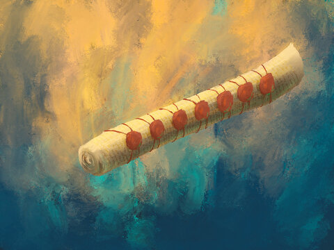 The book with Seven Seals in the Revelation, chapters 5 and 6. Bible prophecy illustration.
