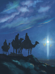 Three Wise Men or Magi looking over a hill towards Bethlehem, the bright star guiding them to the Child Jesus. Bible story illustration.