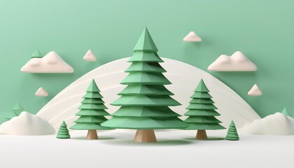 Pine tree in minimal style isolated on pure white background with snow festive concept. Decoration trees of merry Christmas. 3D rendering.