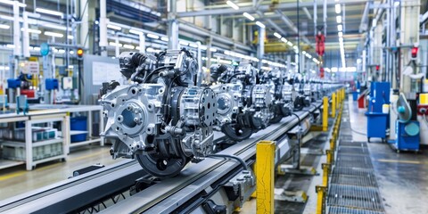 Fototapeta premium A conveyor belt transporting newly manufactured car engines through a production line in a large factory hall