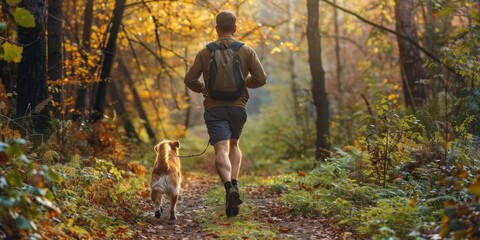 Fototapeta premium A man jogging with his dog on a trail in a forest, combining cardio exercise with pet companionship