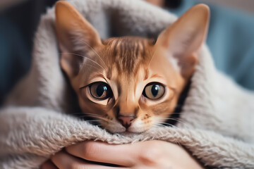 close-up view of cat in  the blanket hold by woman, A Funny raised paw. A beautiful and funny pet