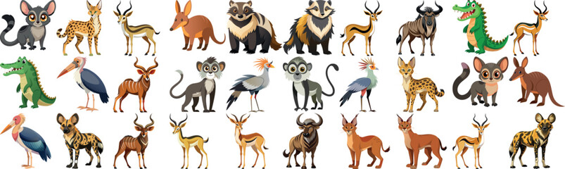 Obraz premium Adorable cartoon animals from various habitats and regions, showcasing a mix of familiar and exotic species in vibrant colors.