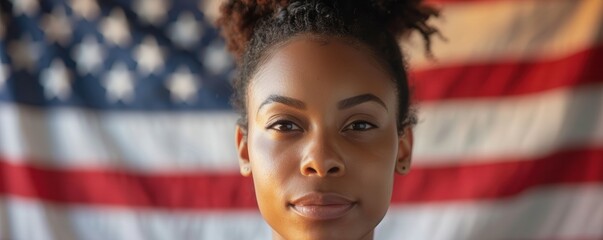 Young Black female voter with American flag background. Free copy space for banner.