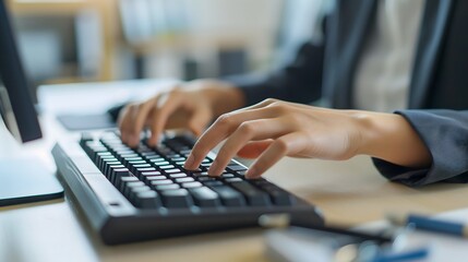 Close-Up of Hands Typing on Keyboard, Office Work, Business Professional, Modern Workspace