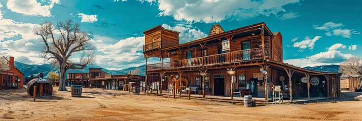 Fototapeta premium Old Saloon, Wild West Town Building, Cowboy Pub Exterior, Copy Space