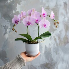 Blooming orchid banner. Woman hand holding flowerpot with beautiful orchid closeup, wall background