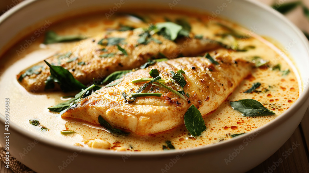 Sticker close-up of fish fillets in a creamy yellow curry sauce, garnished with fresh herbs in a bowl