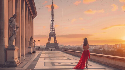 Elegant woman in a red dress walking near the Eiffel Tower at sunset, capturing the beauty of Paris with copy space.
