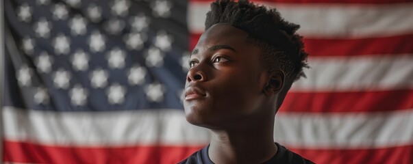 Young Black male voter with American flag background. Free copy space for banner.